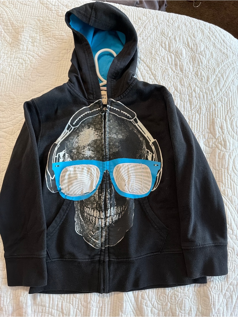 Old Navy Black Zip Hoodie with Blue Lined Hood and Graphic Skull